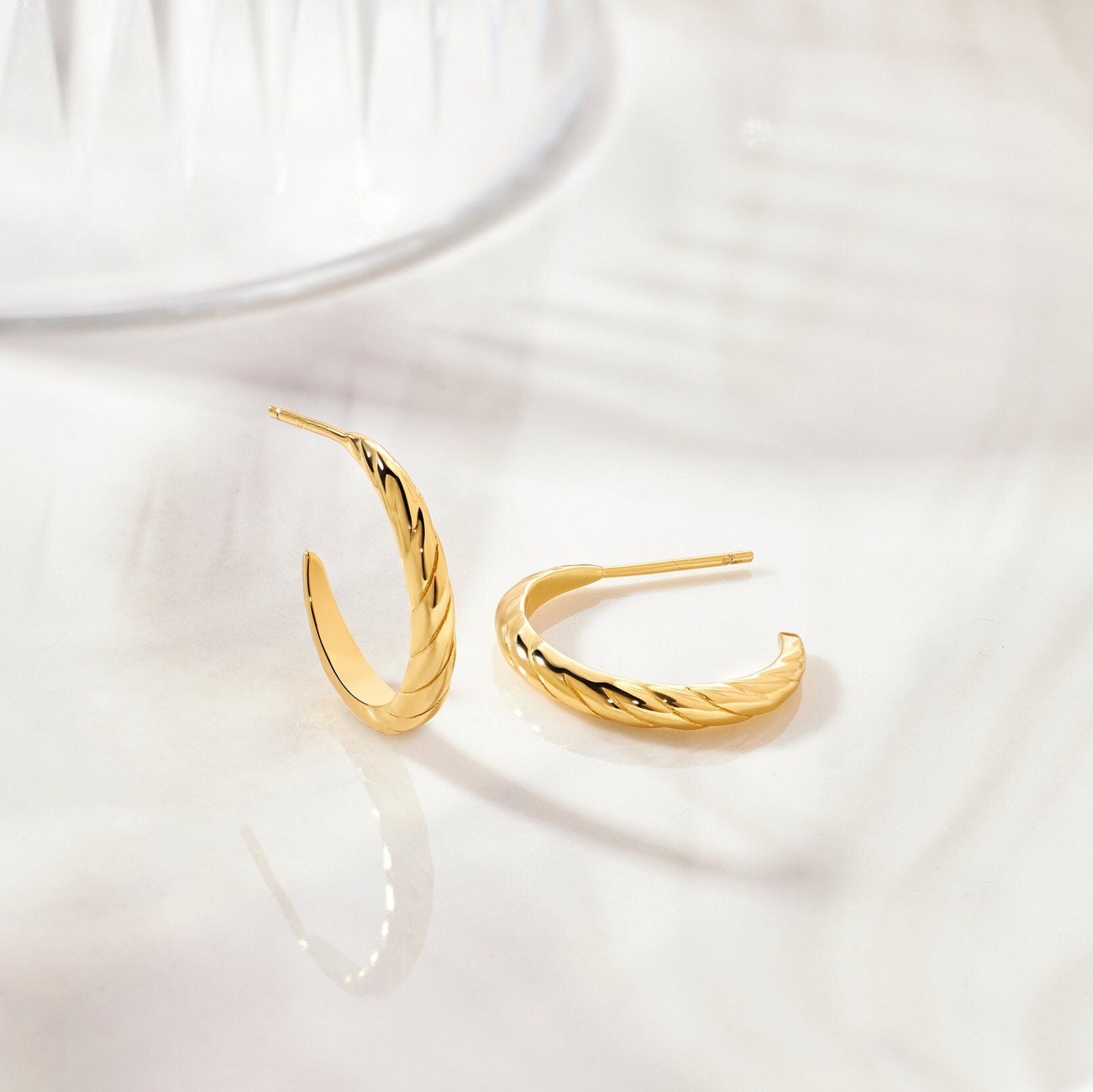 18K Gold Croissant Hoops: Twisted Dome Earrings