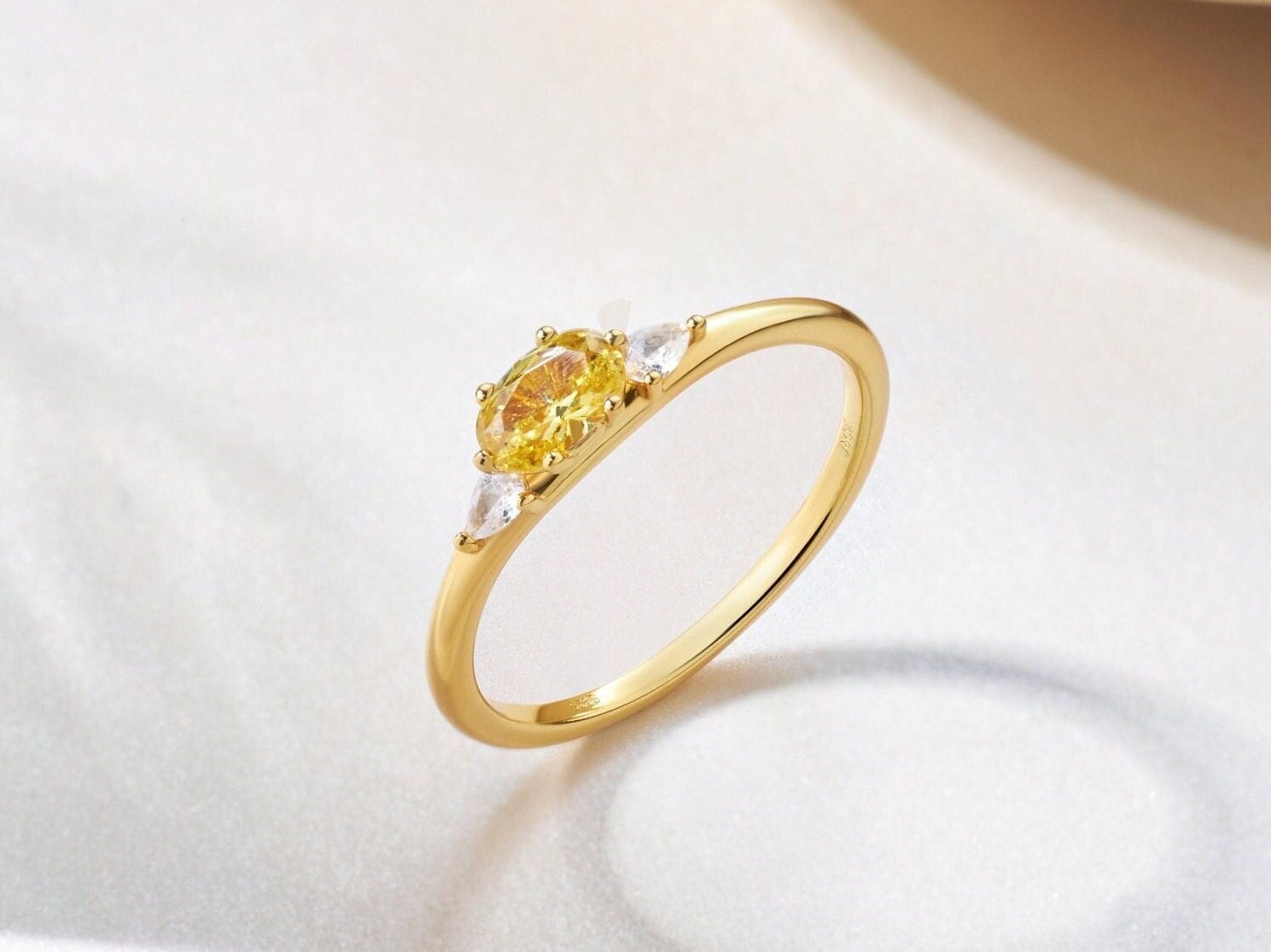 18K Gold Oval Ring: Three Stone Band